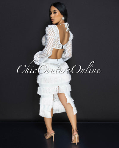 Sonnet White Lace Crop Top & Fringe Skirt Set