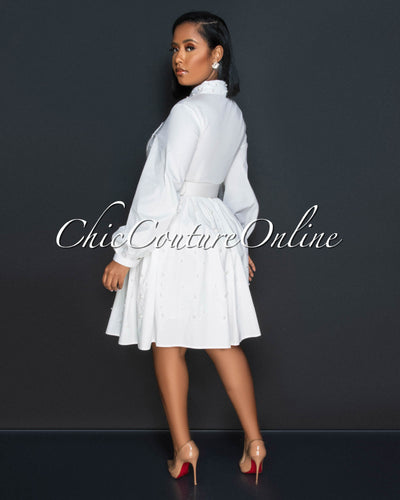 Burell Off-White Gold Pearl Accent Belt Shirt Dress