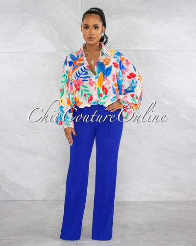 *Mollie White Multi-Color Floral Print Buttoned Blouse