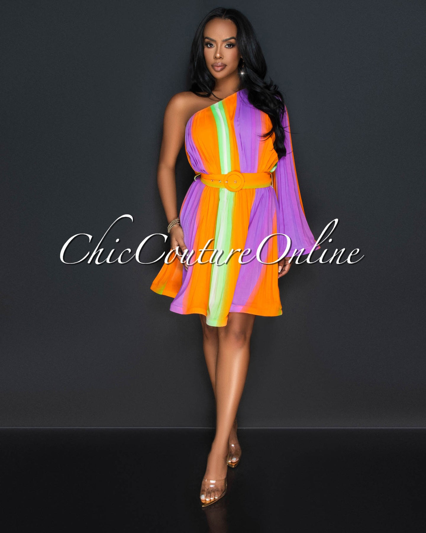 *Olisa Pastel Multi Ombre Pleated Single Shoulder Dress