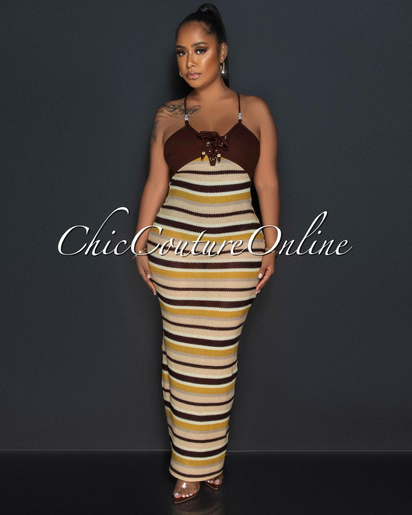 Rainey Brown Multi -Color Halter Crochet Maxi Dress