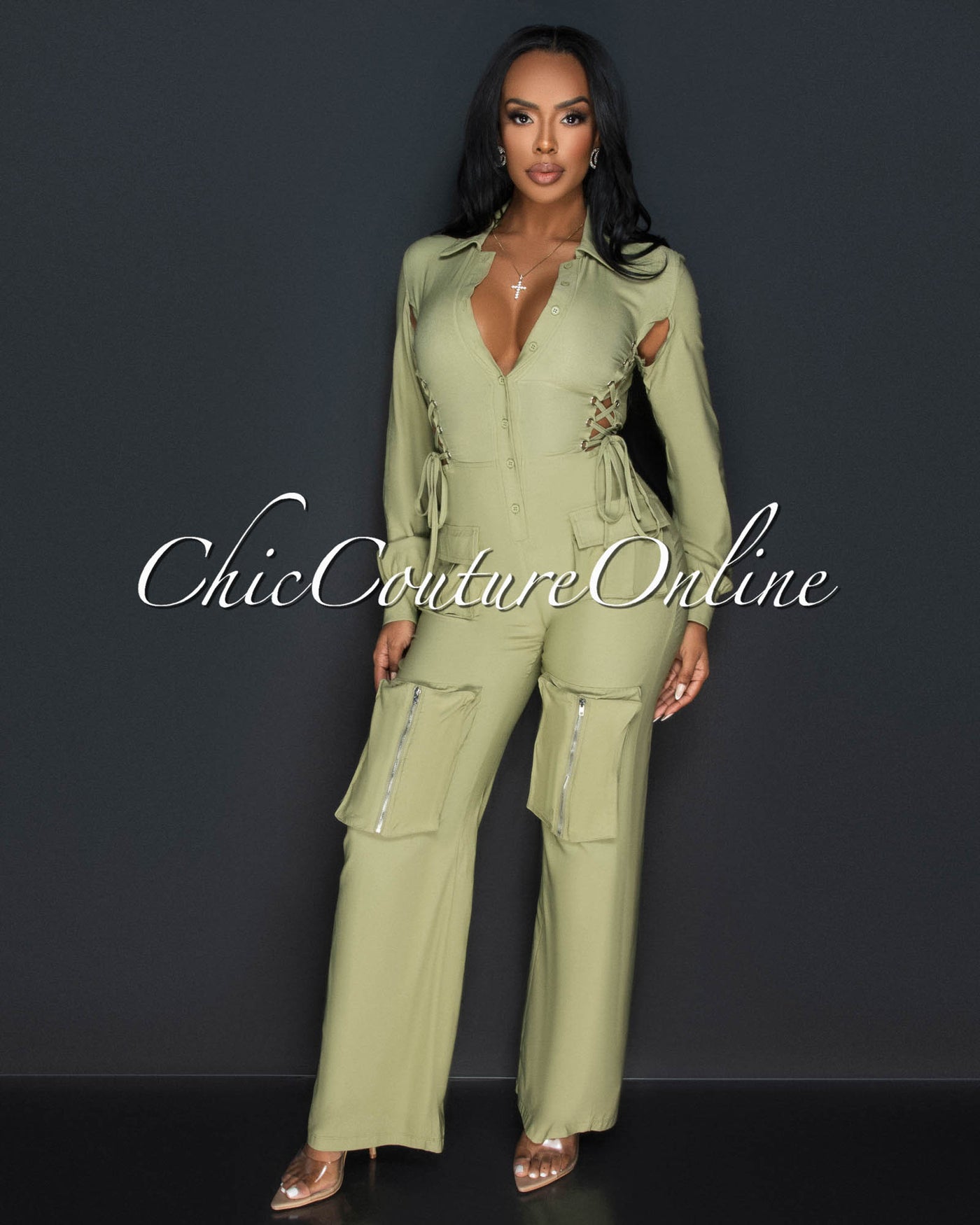 Milina Olive Green Long Sleeves Cargo Jumpsuit