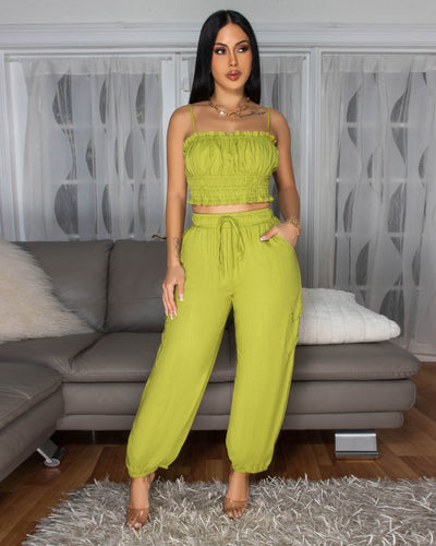 Moya Lime Crop Top & Jogger Linen Pants Set