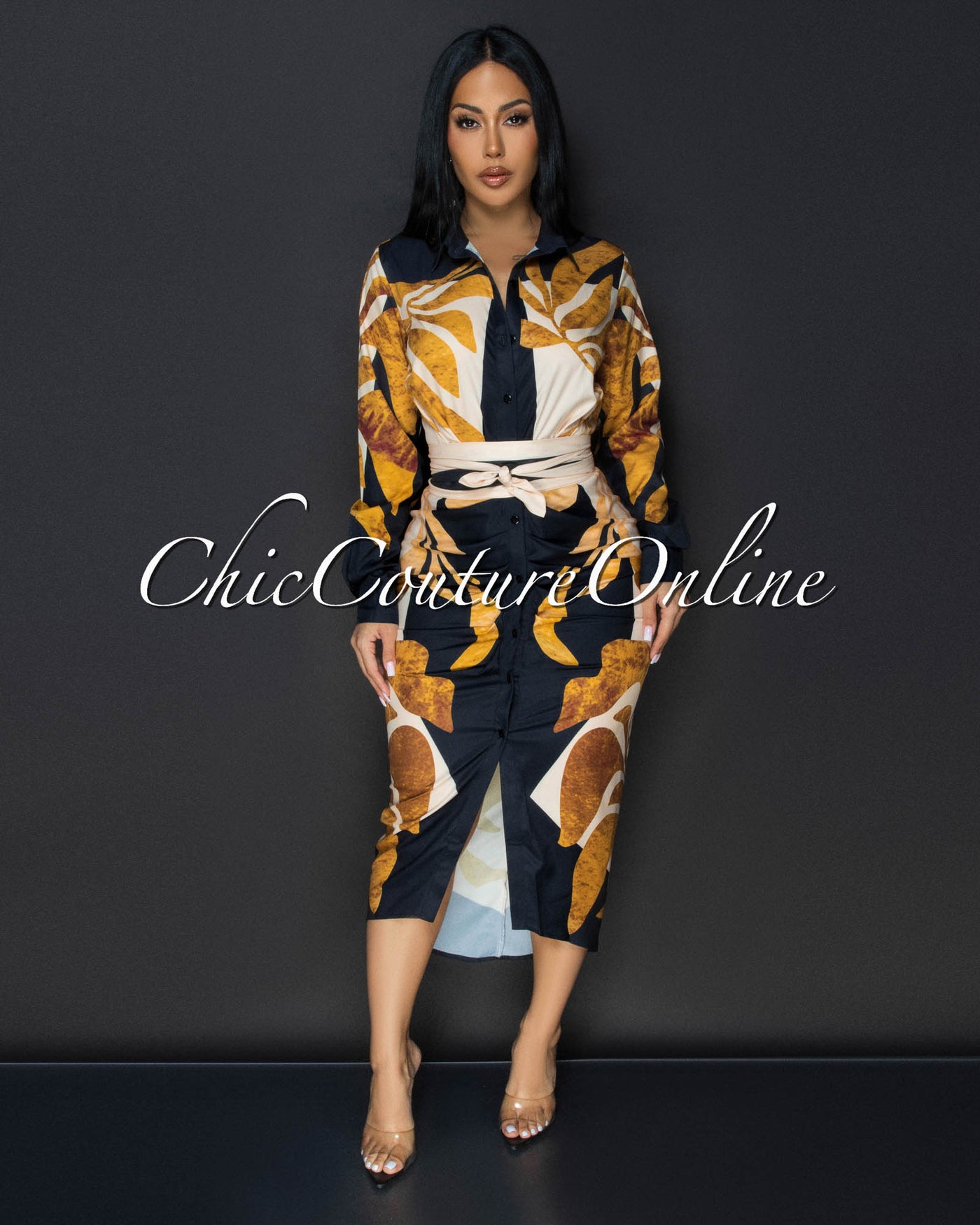 Jenny Black Yellow Gold Print Midi Dress