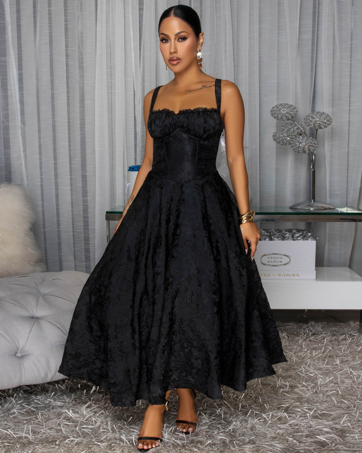 Abigale Black Floral Imprint Midi Dress