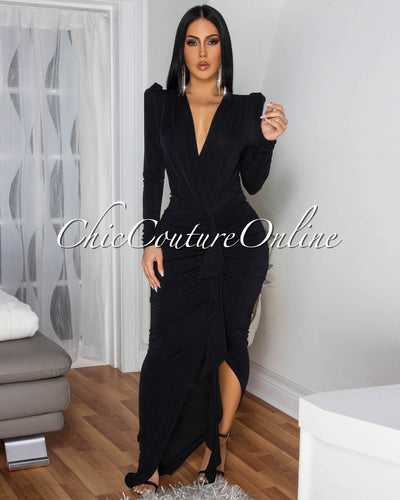 Lona Black Shimmer Ruffle Accent Maxi Dress