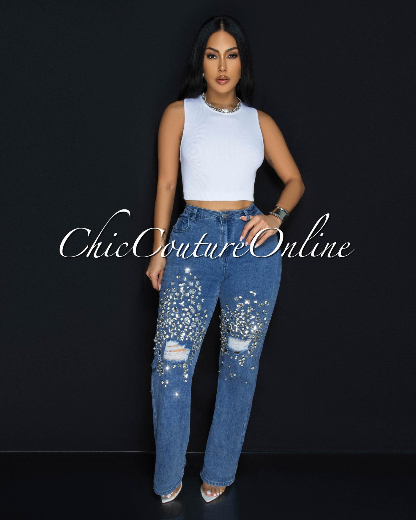 Supernova Blue Denim Rhinestones Accent Jeans