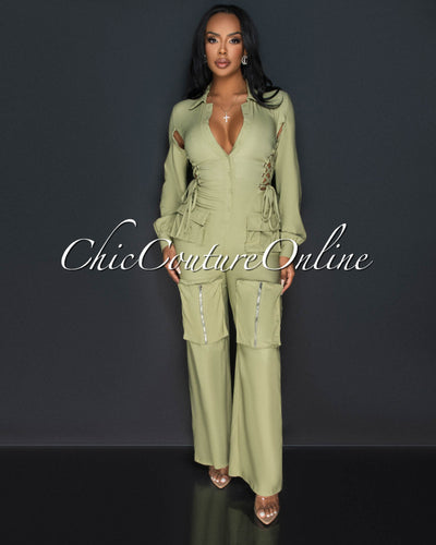 Milina Olive Green Long Sleeves Cargo Jumpsuit