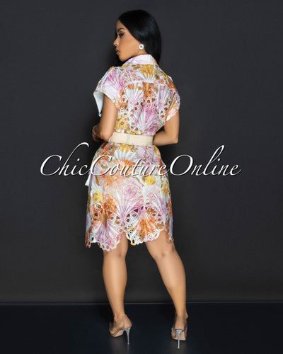 Luminous Multi-Color Print Crochet Belted Dress