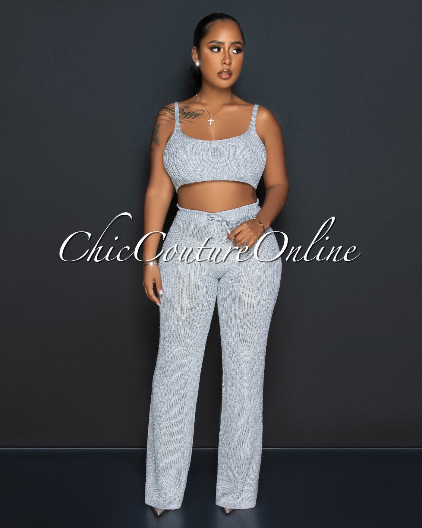 Desia Silver Crop Top & Pants Crochet Shimmer Set