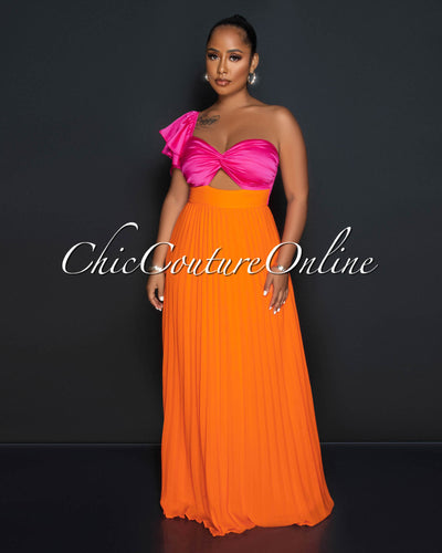 Judith Fuchsia Orange Two-Tone Key-Hole Pleated Maxi Dress