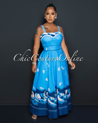Leequan Blue Sailor Print Padded Cups Maxi Dress