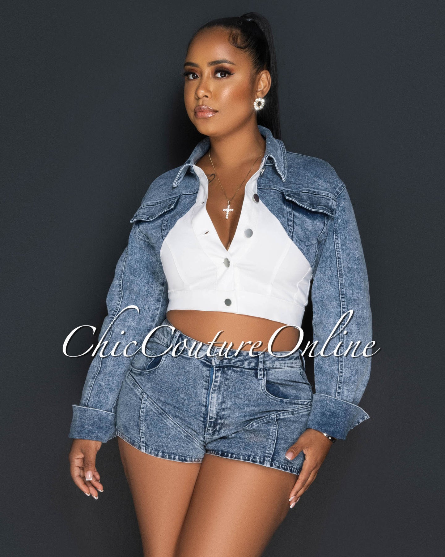 *Sena Off-White Blue Denim Ultra-Mini Short Set