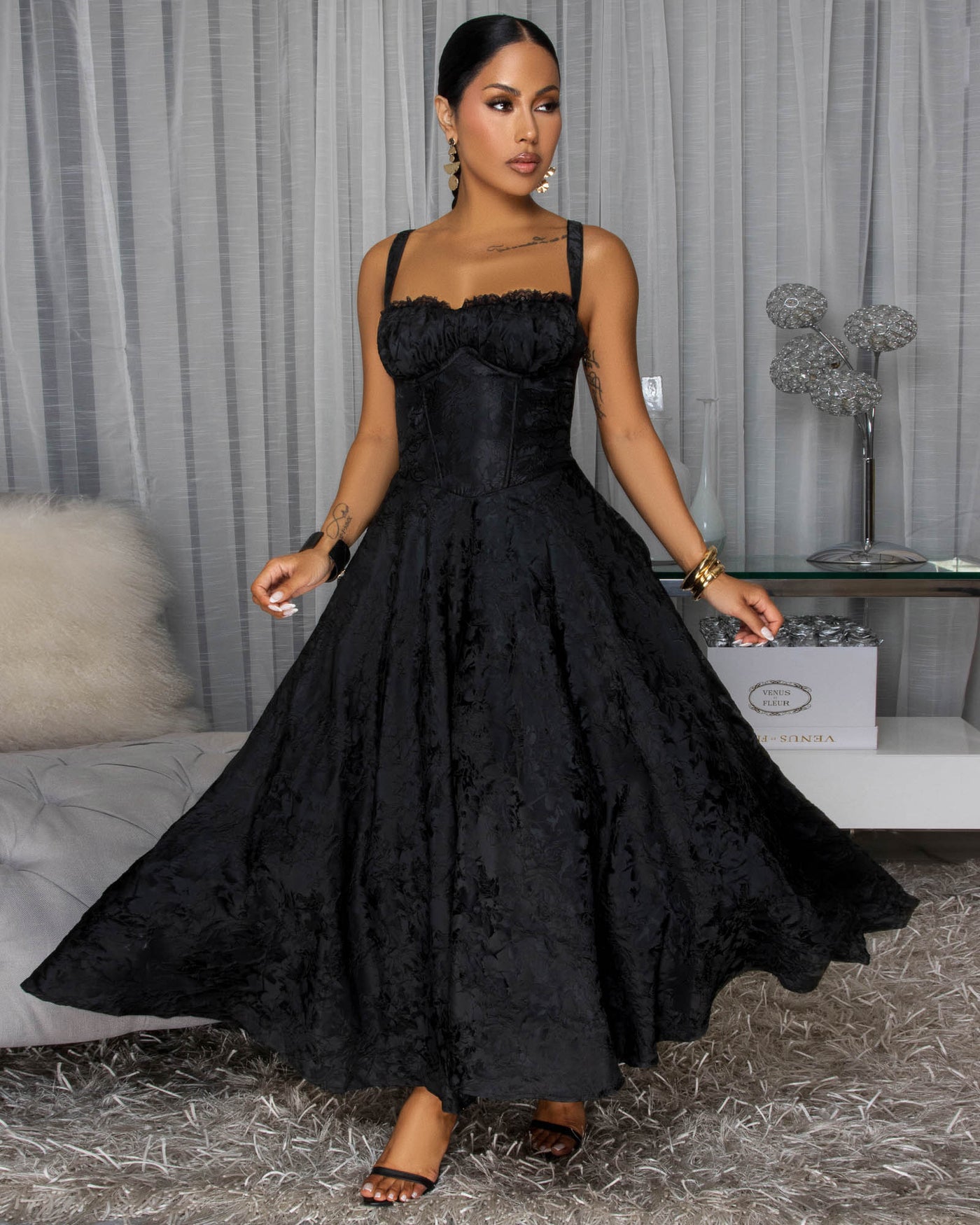 Abigale Black Floral Imprint Midi Dress
