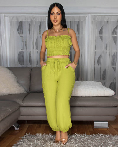 Moya Lime Crop Top & Jogger Linen Pants Set