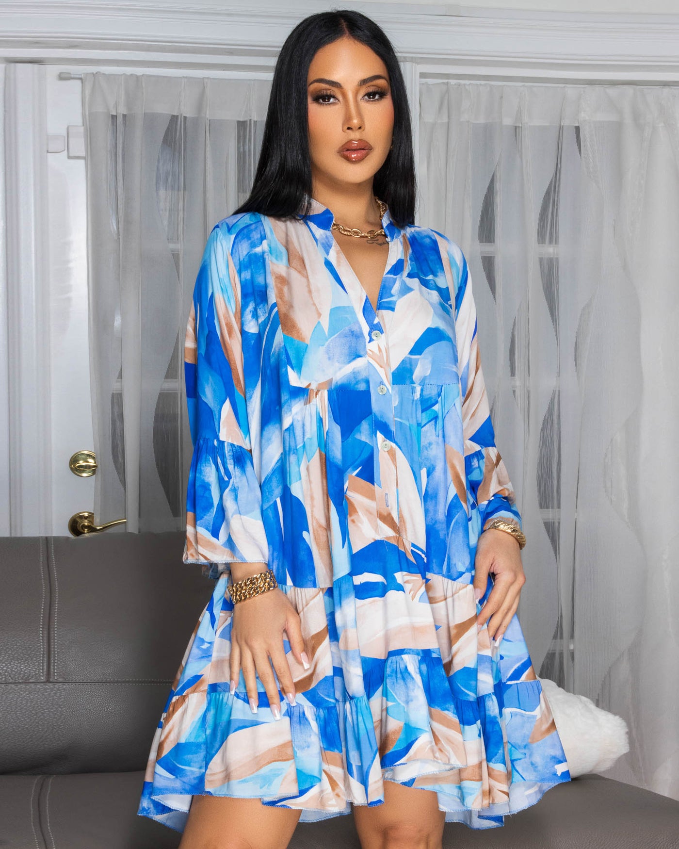 Lima Blue Multi-Color Print Shirt Dress