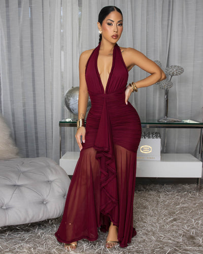 Kehlani Burgundy Ruffle Mesh Halter Maxi Dress