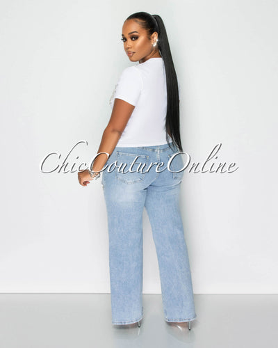 Marly Light Denim Rhinestones Cut-Out Jeans