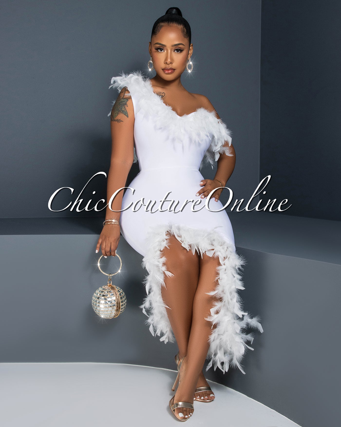Maverick Off-White Feather Accent Bandage Midi Dress