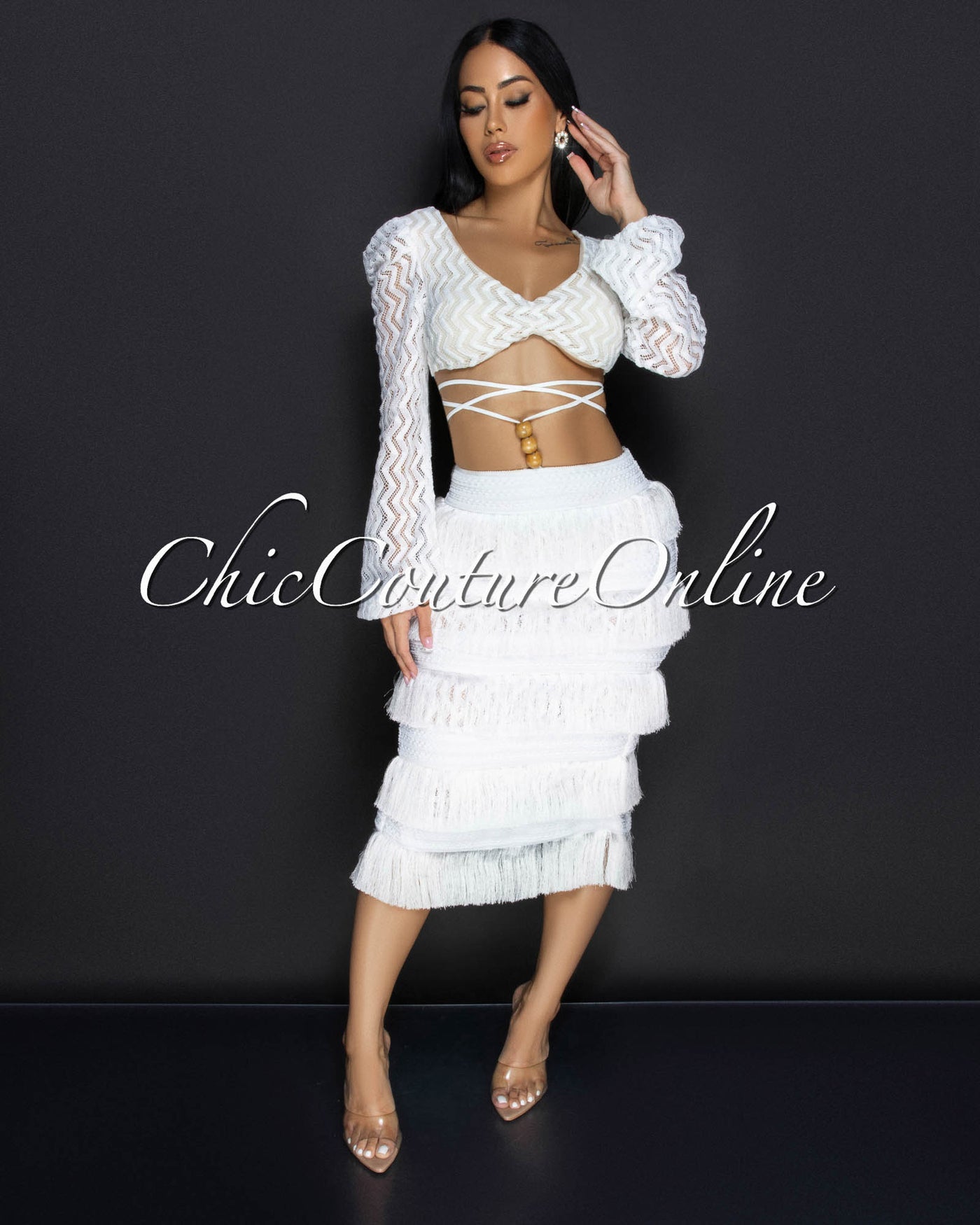 Sonnet White Lace Crop Top & Fringe Skirt Set