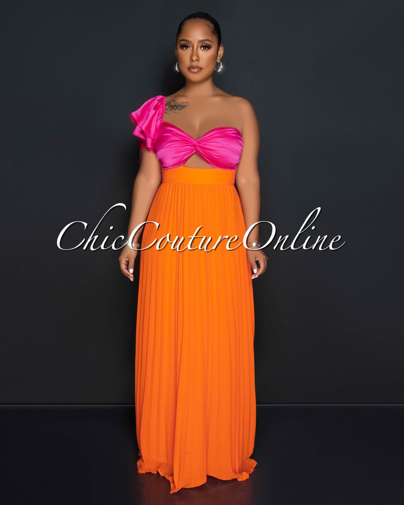 Judith Fuchsia Orange Two-Tone Key-Hole Pleated Maxi Dress