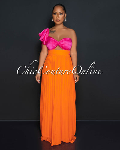 Judith Fuchsia Orange Two-Tone Key-Hole Pleated Maxi Dress