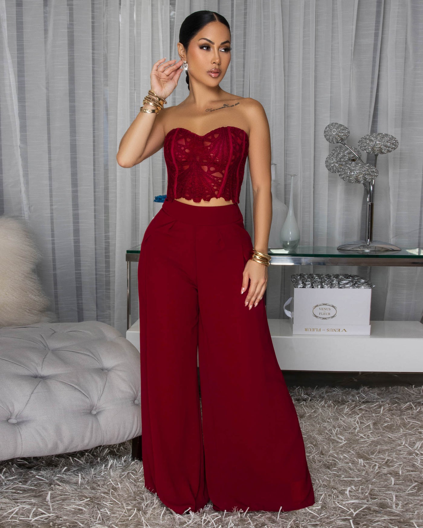 Emory Burgundy Corset Crochet Top & Pants Set