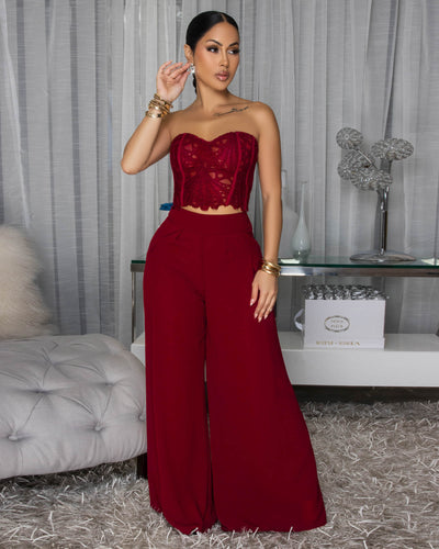 Emory Burgundy Corset Crochet Top & Pants Set
