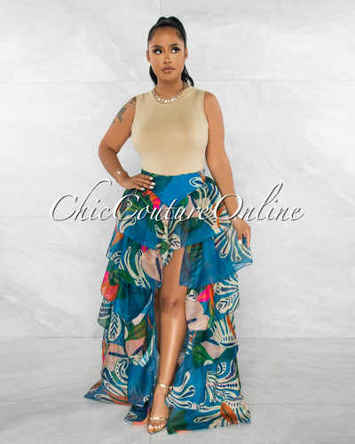 *Berti Blue Multi-Color Print Ruffled Tiered Maxi Bodysuit Skirt