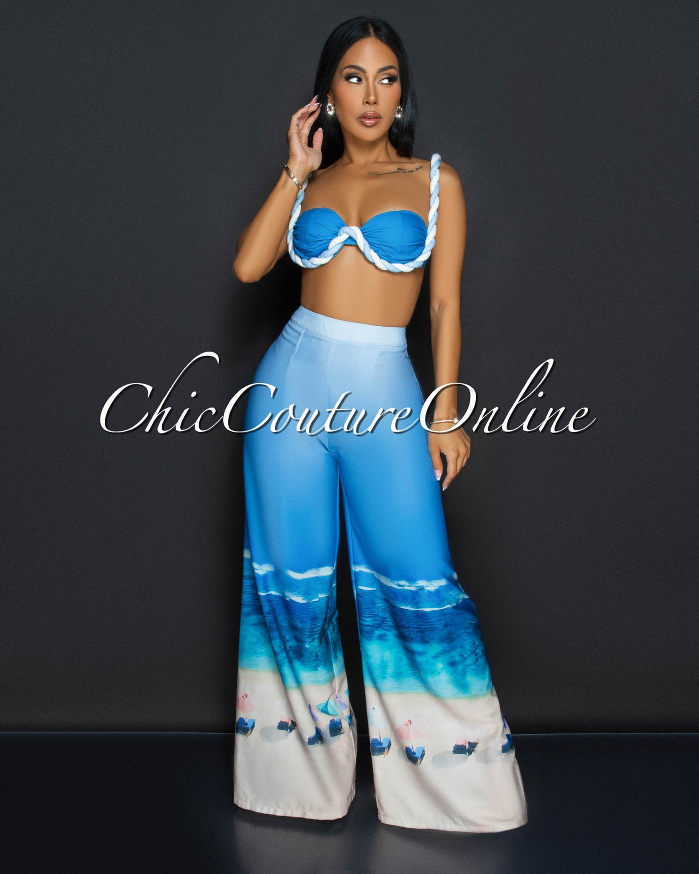 Cielo Blue White Bustier & Wide Legs Pants Set