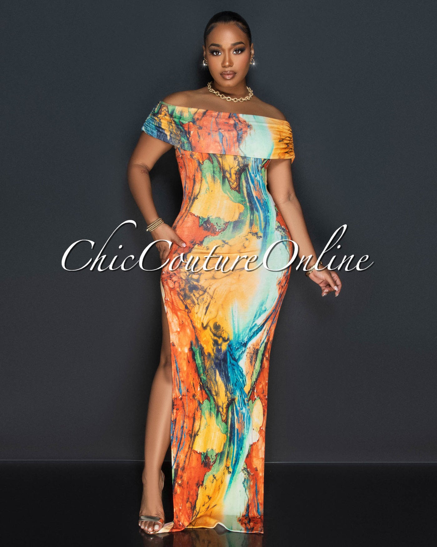 Morella Orange Multi-Color Print Off-The-Shoulder Maxi Dress