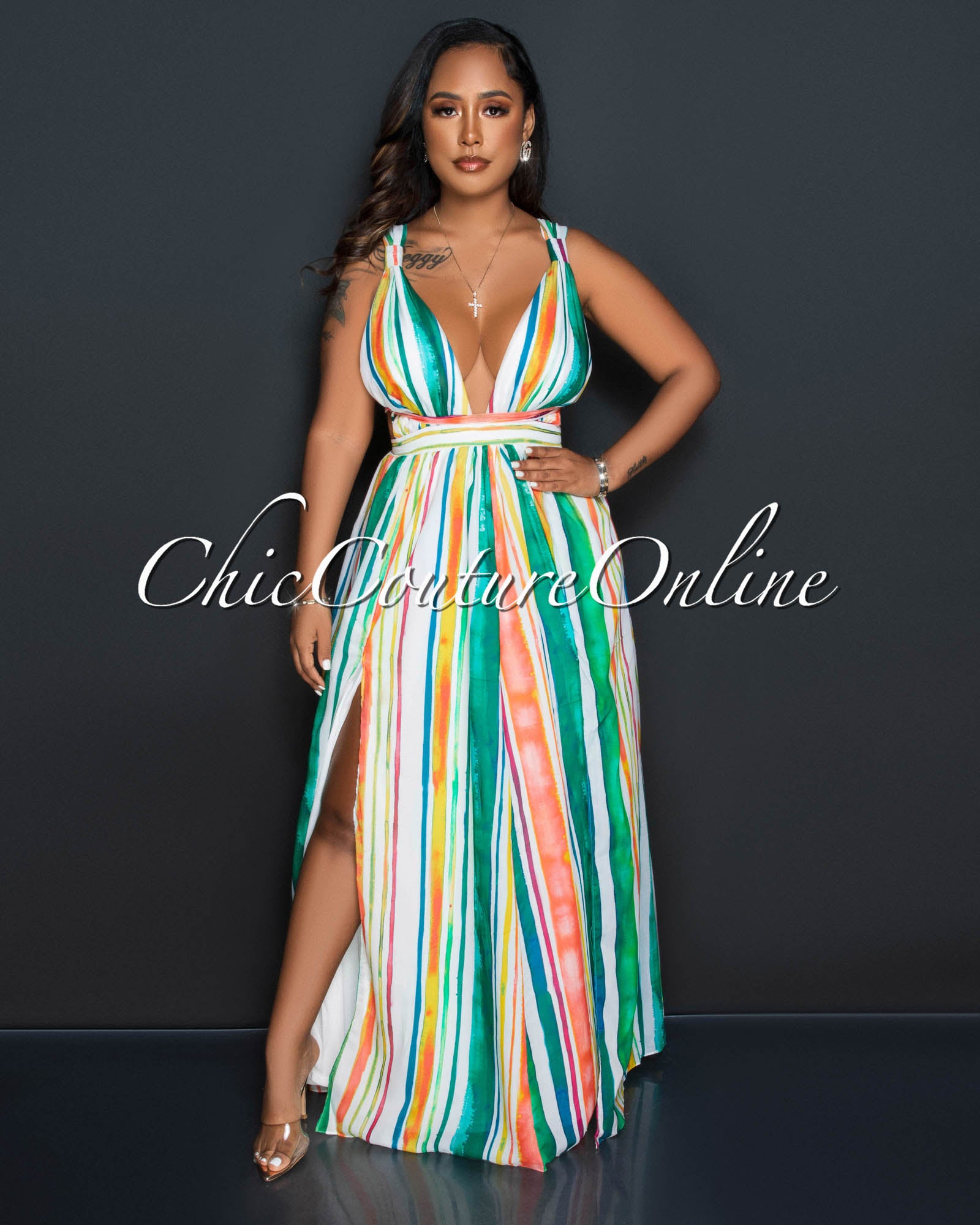 *Gorell White Multi-Color Print Waist Cut-Out Maxi Dress