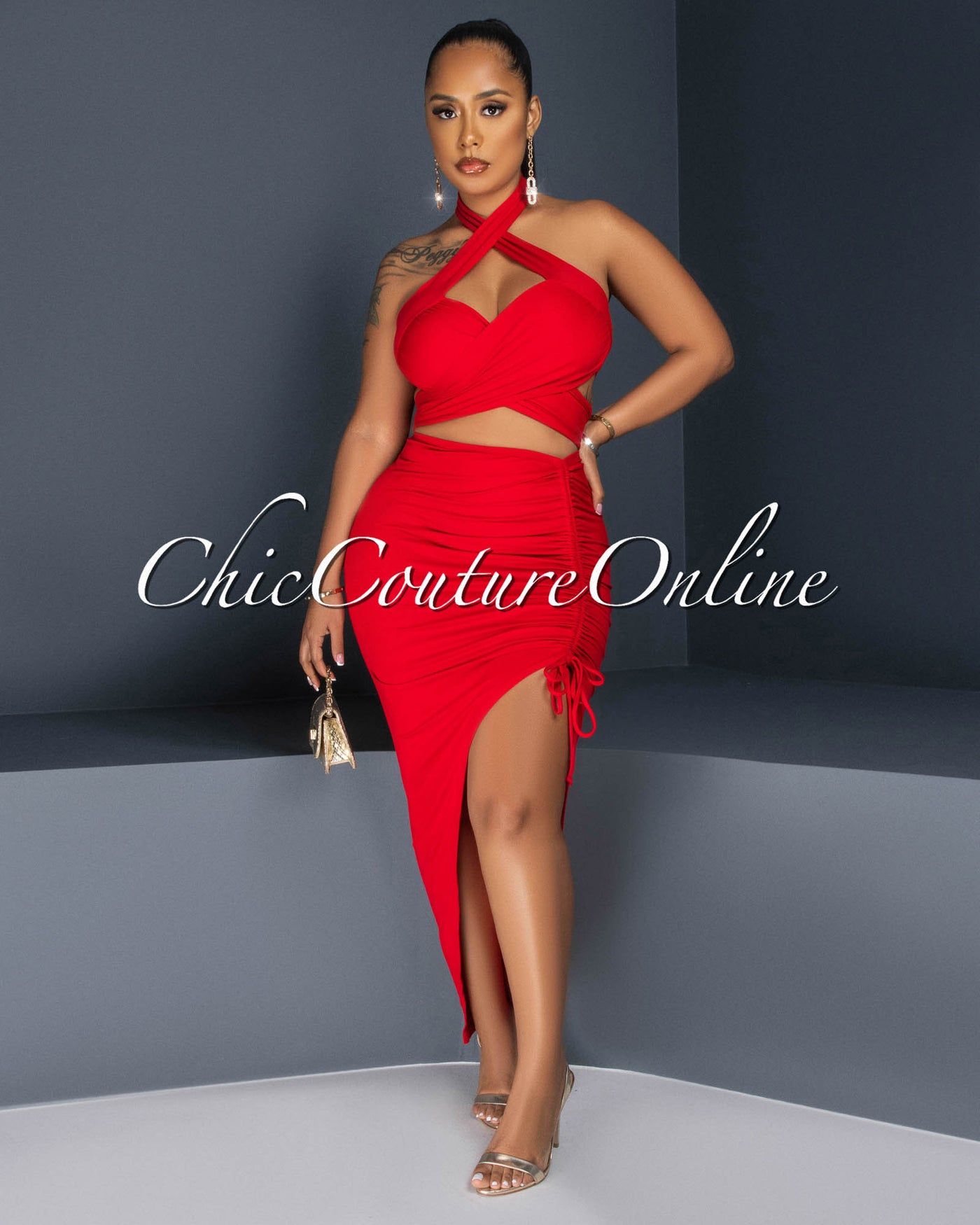 Reeda Red Crop Top & Ruched Slit Skirt Set