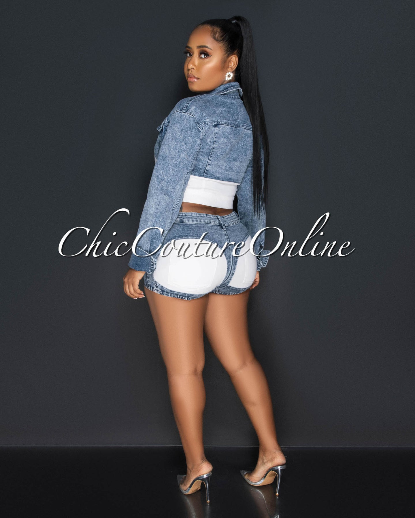 *Sena Off-White Blue Denim Ultra-Mini Short Set