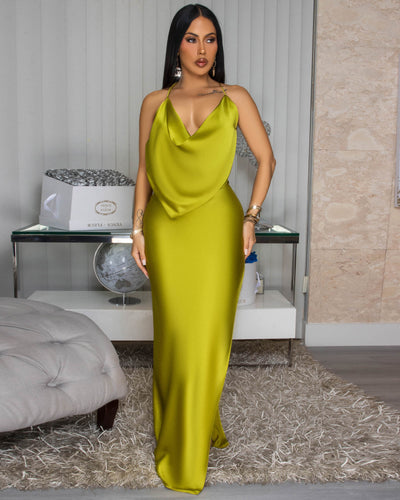 Mademoiselle Moss Green Draped Halter Maxi Dress