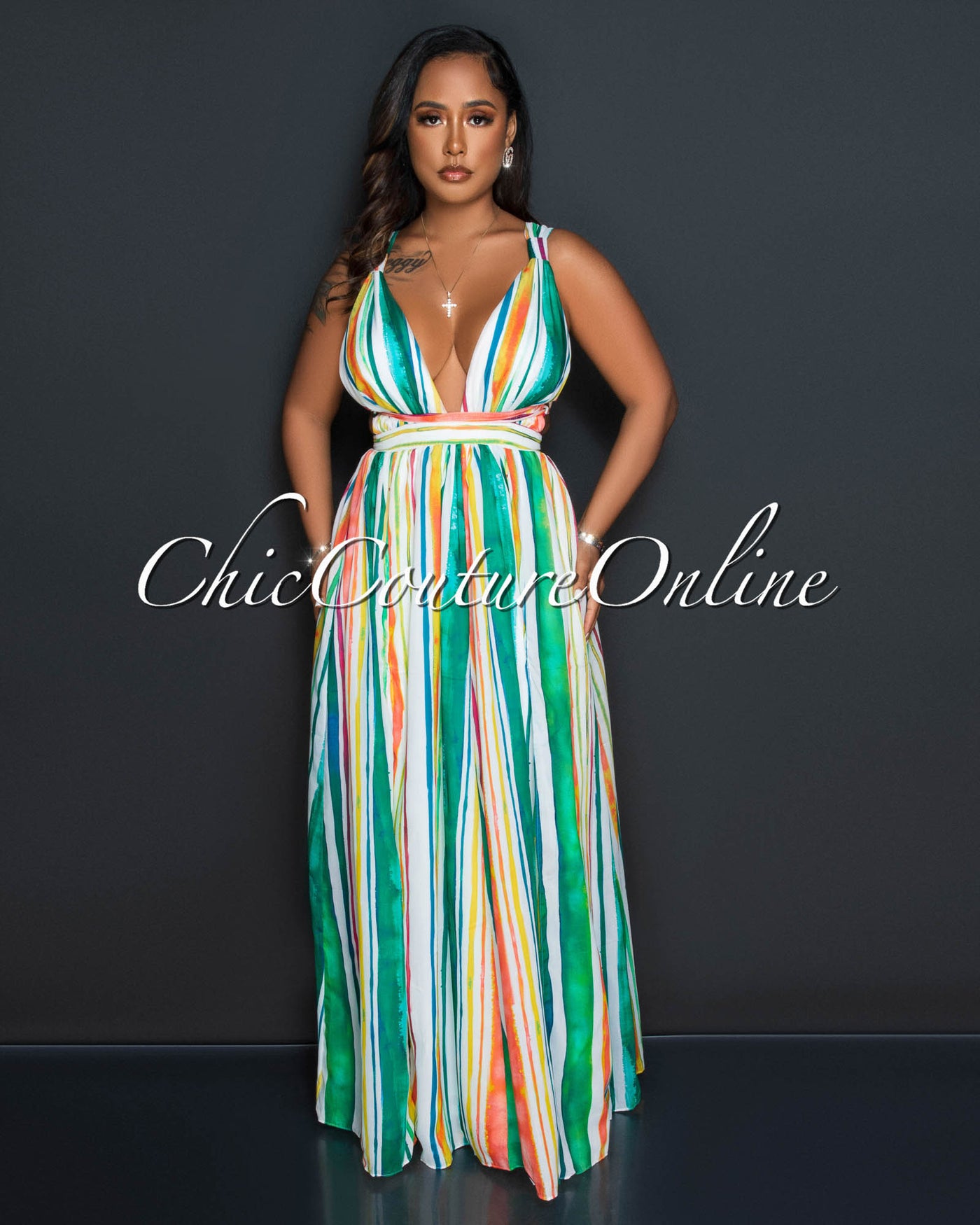 Gorell White Multi-Color Print Waist Cut-Out Maxi Dress