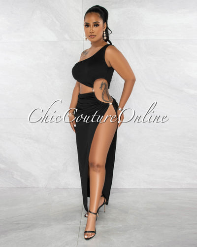 *Greicy Black Cut-Out Side Slit Gold Accent Maxi Dress