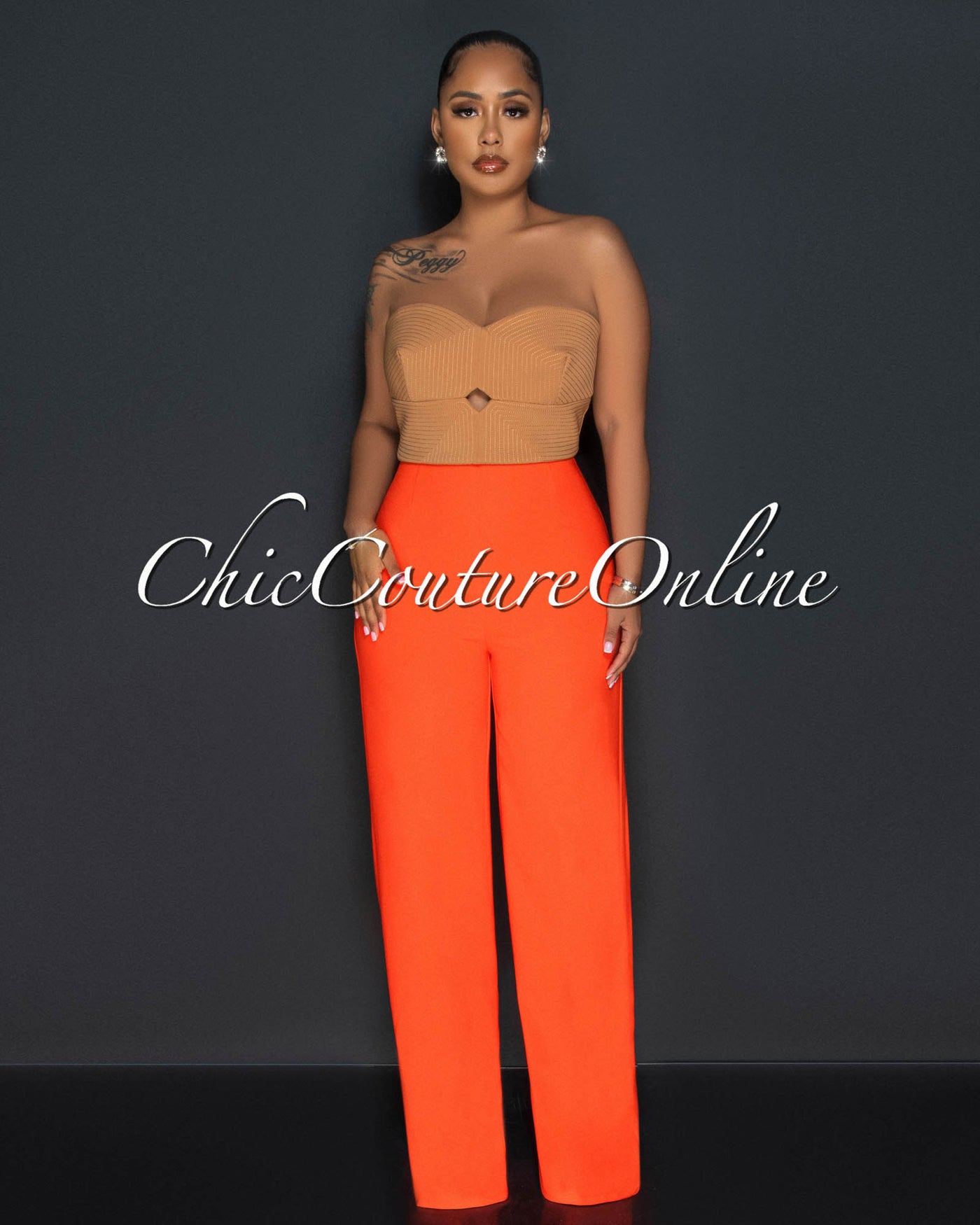 Dalina Orange Nude Two-Tone Strapless Jumpsuit