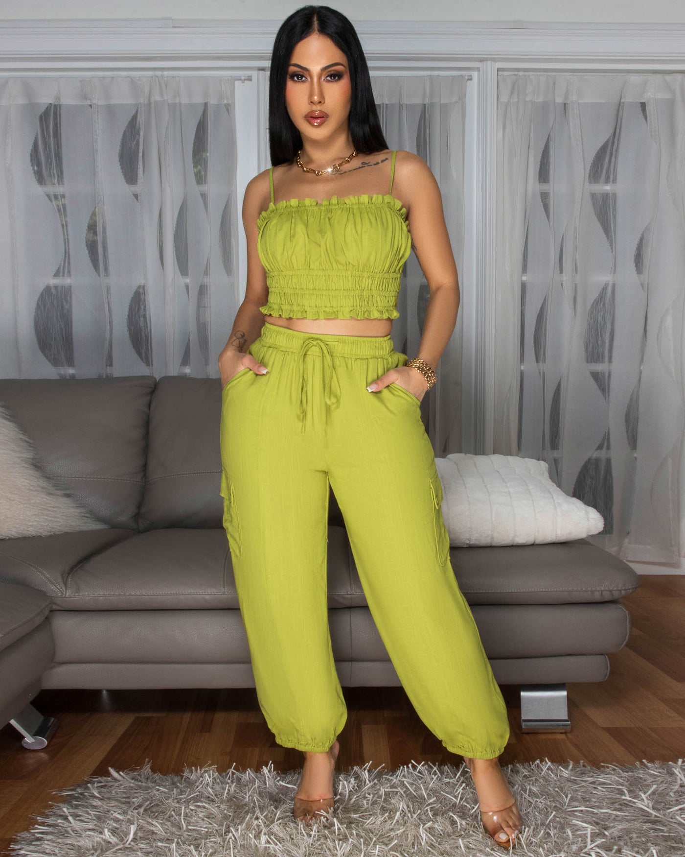 Moya Lime Crop Top & Jogger Linen Pants Set