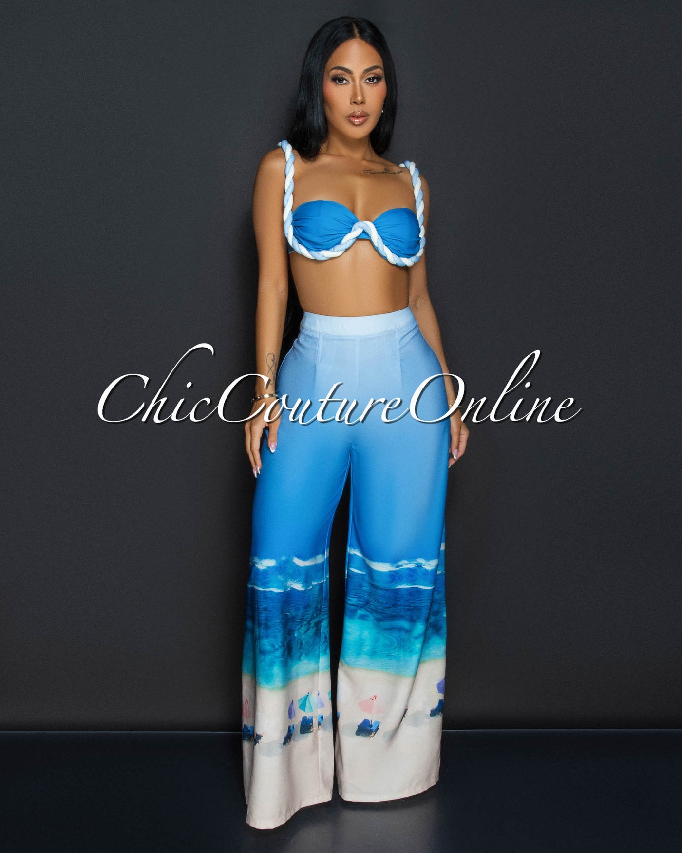 Cielo Blue White Bustier & Wide Legs Pants Set