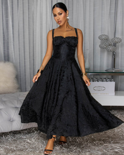 Abigale Black Floral Imprint Midi Dress