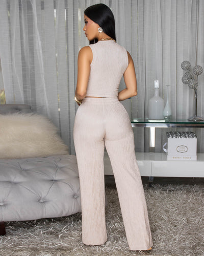 Katye Beige Front Crop Top & Wide Pants Textured Set