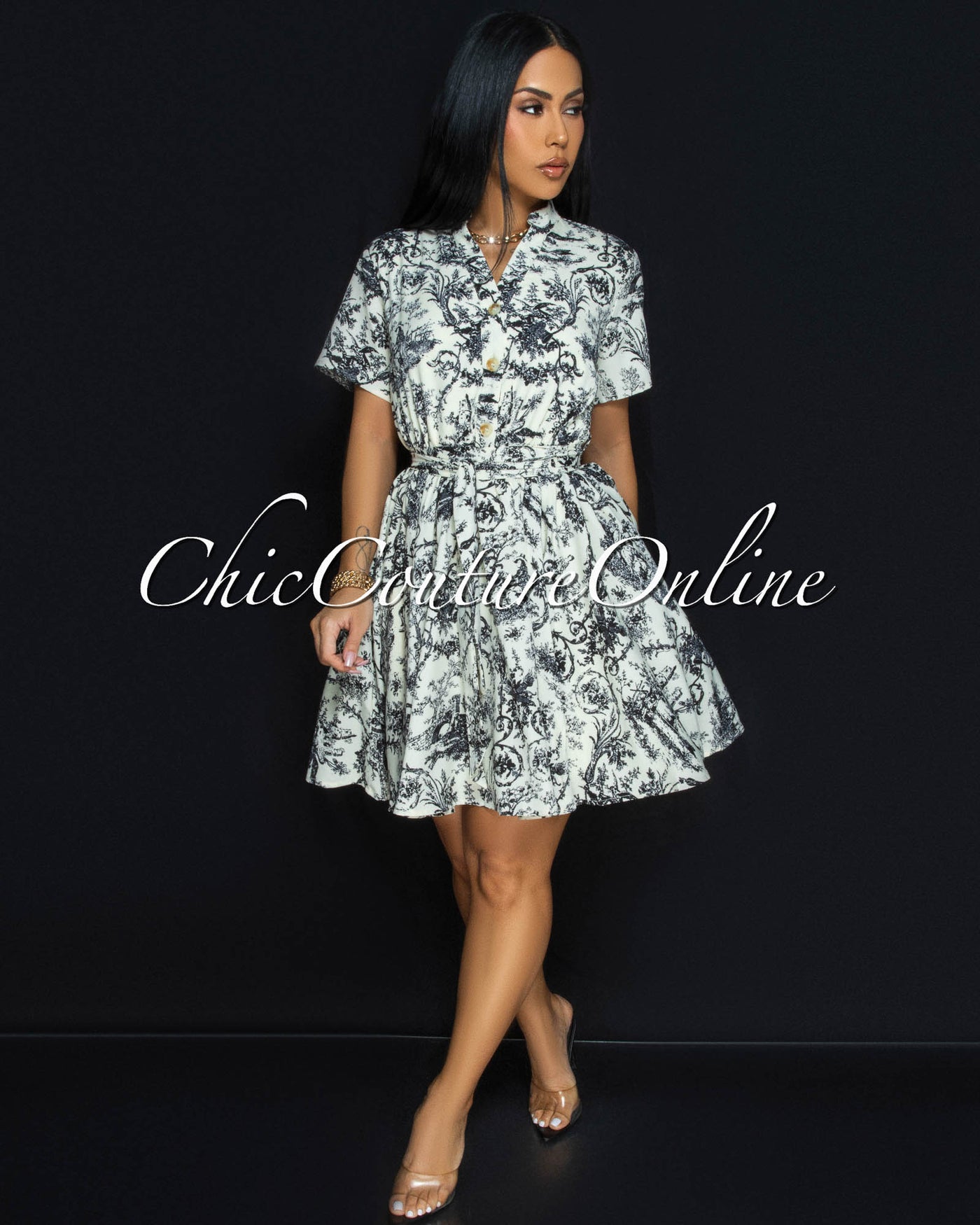 Forre Black Off-White Print Skater Dress