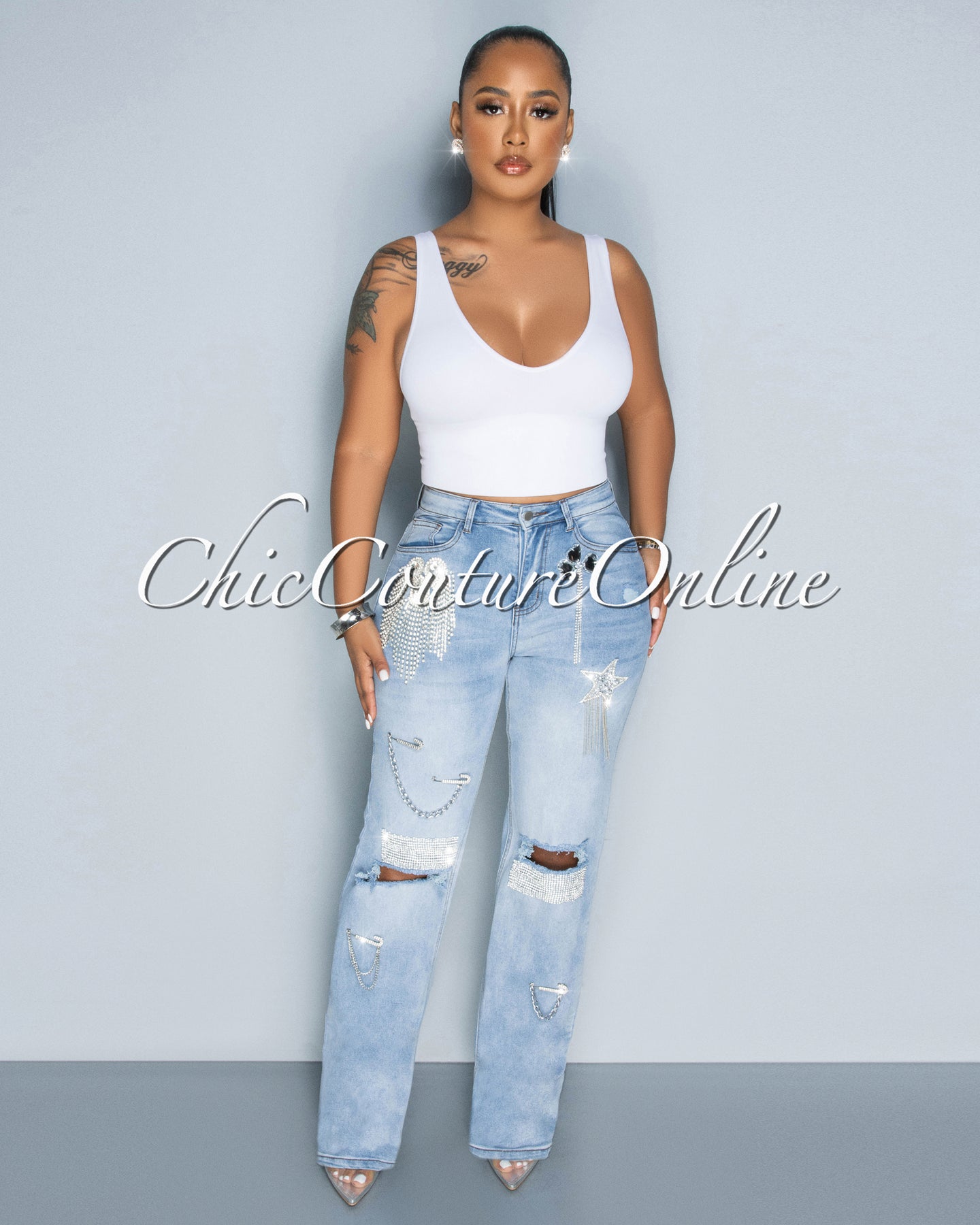 *Nadine Light Denim Rhinestones Fringe Accent Jeans