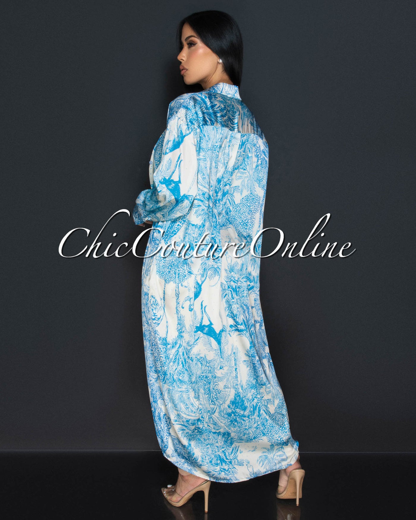 Mirtha Turquoise Print Silky Maxi Shirt Duster Dress
