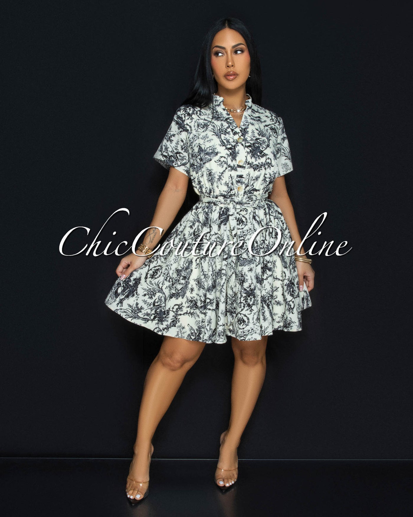 Forre Black Off-White Print Skater Dress