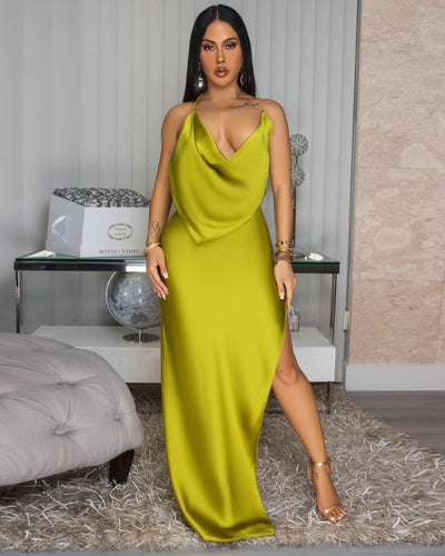 Mademoiselle Moss Green Draped Halter Maxi Dress