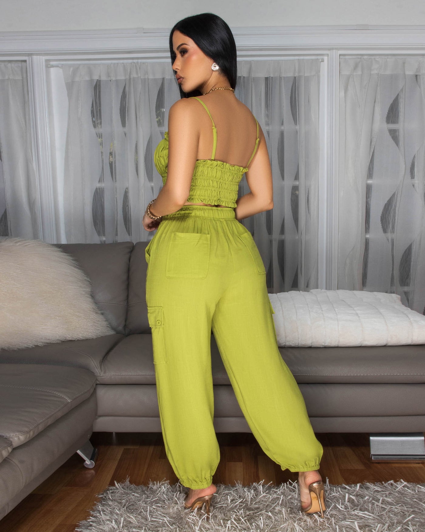 Moya Lime Crop Top & Jogger Linen Pants Set