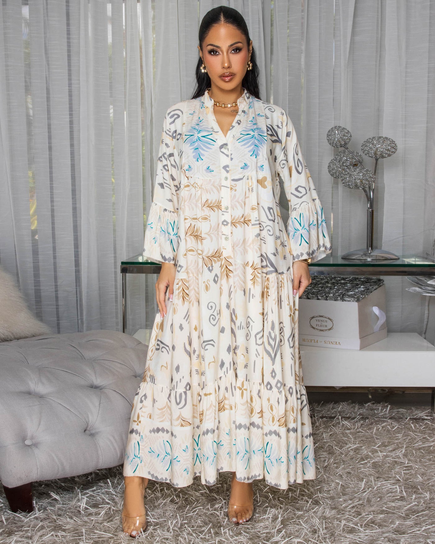 Emmie Cream Grey Multi-Color Maxi Dress