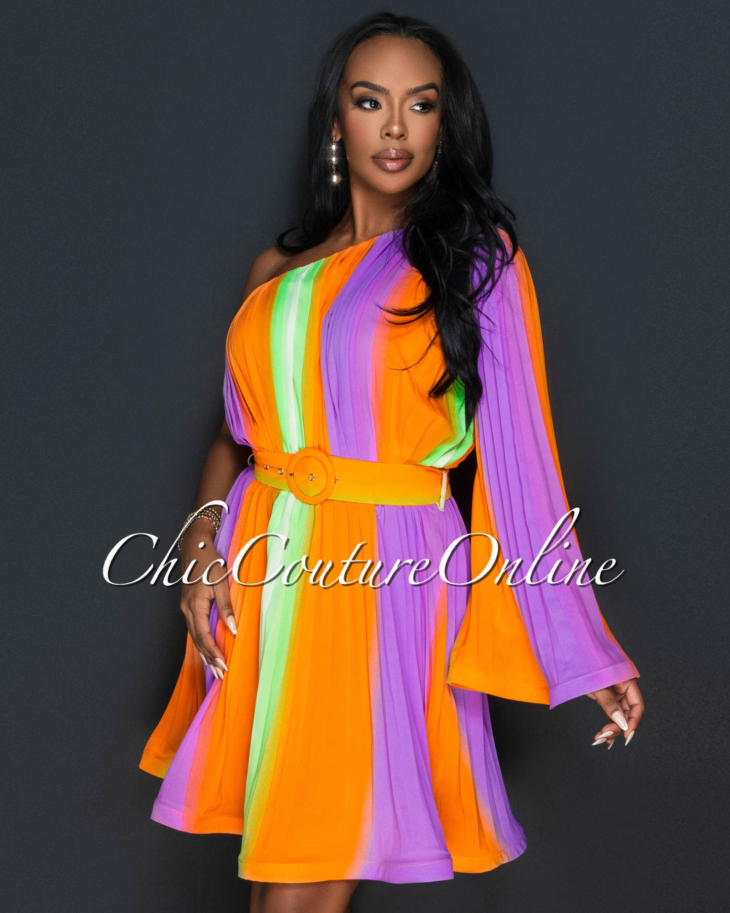 *Olisa Pastel Multi Ombre Pleated Single Shoulder Dress